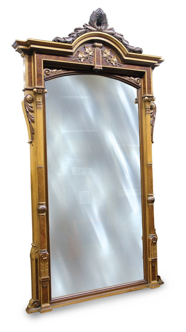 Monumental Renaissance Revival Mirror: Fine Carved Victorian Monumental San Francisco Renaissance Revival Pier Mirror, circa 1881, the carved walnut laurel wreath and berry festoon surmounting the shaped frame with reliefs of foliate and g