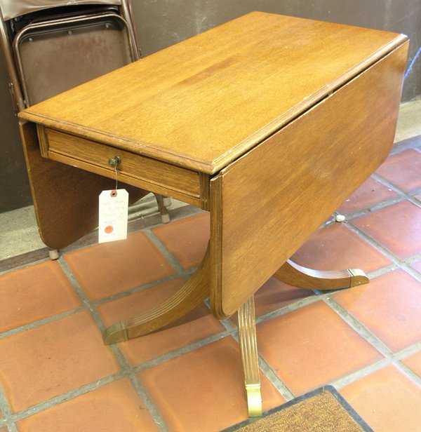 Dropleaf table made at Alcatraz prison: Rare Duncan Phyfe style drop-leaf table manufactured at Alcatraz prison, Circa 1940, probably made for guard apartment, signed and numbered, 29.5''h x 38''w
