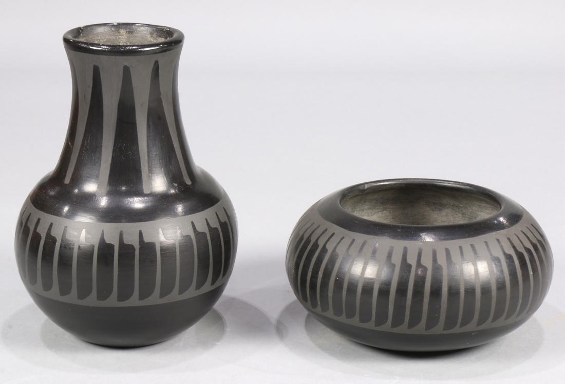 (lot of 2) San Ildefonso black on black feather design: (lot of 2) San Ildefonso black on black feather design bowl group, circa 1960, signed "Marie + Santana", largest: 8.5"h