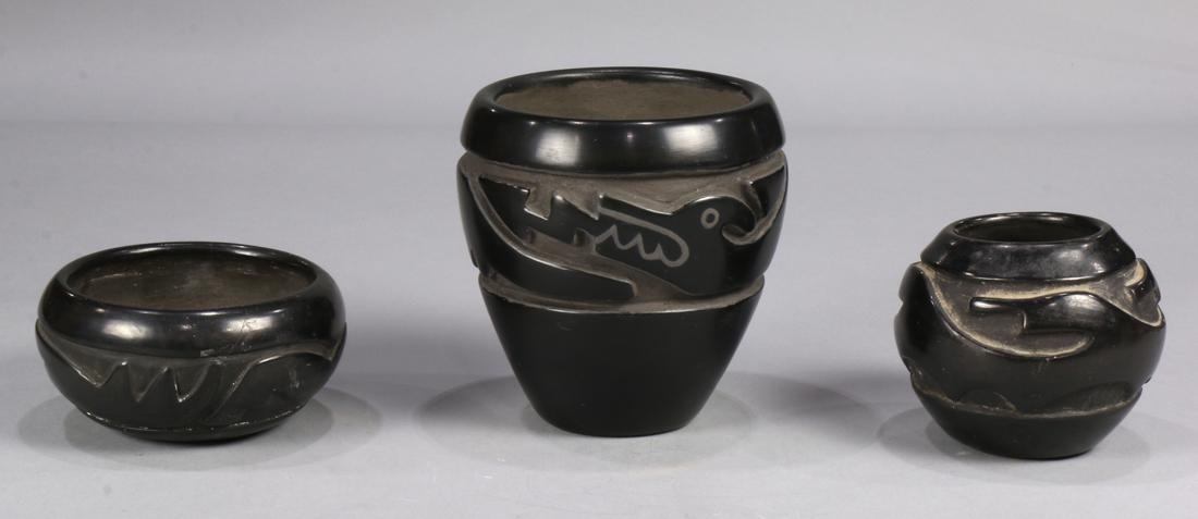 (lot of 3) Santa Clara carved blackware bowls, the: (lot of 3) Santa Clara carved blackware bowls, the largest signed by Margaret Tafaya in the Avana design, another signed Joy Cain, largest: 6.5"h