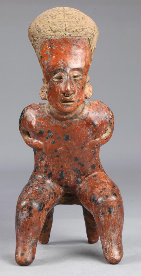 Pre-Columbian Nayarit redware seated figure, 300 BC to: Pre-Columbian Nayarit redware seated figure, 300 BC to 300 AD, Ameca region, a hollow-built pottery figure depicting a seated figure resting on a two legged stool, with a hunched posture, squat neck a