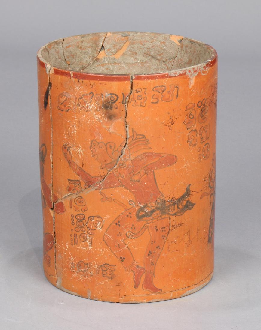 Mayan cylindrical vessel, AD 600-900, depicting four: Mayan cylindrical vessel, AD 600-900, depicting four lords shown in profile, dancing and playing instruments, 7"h x 5.5"dia.