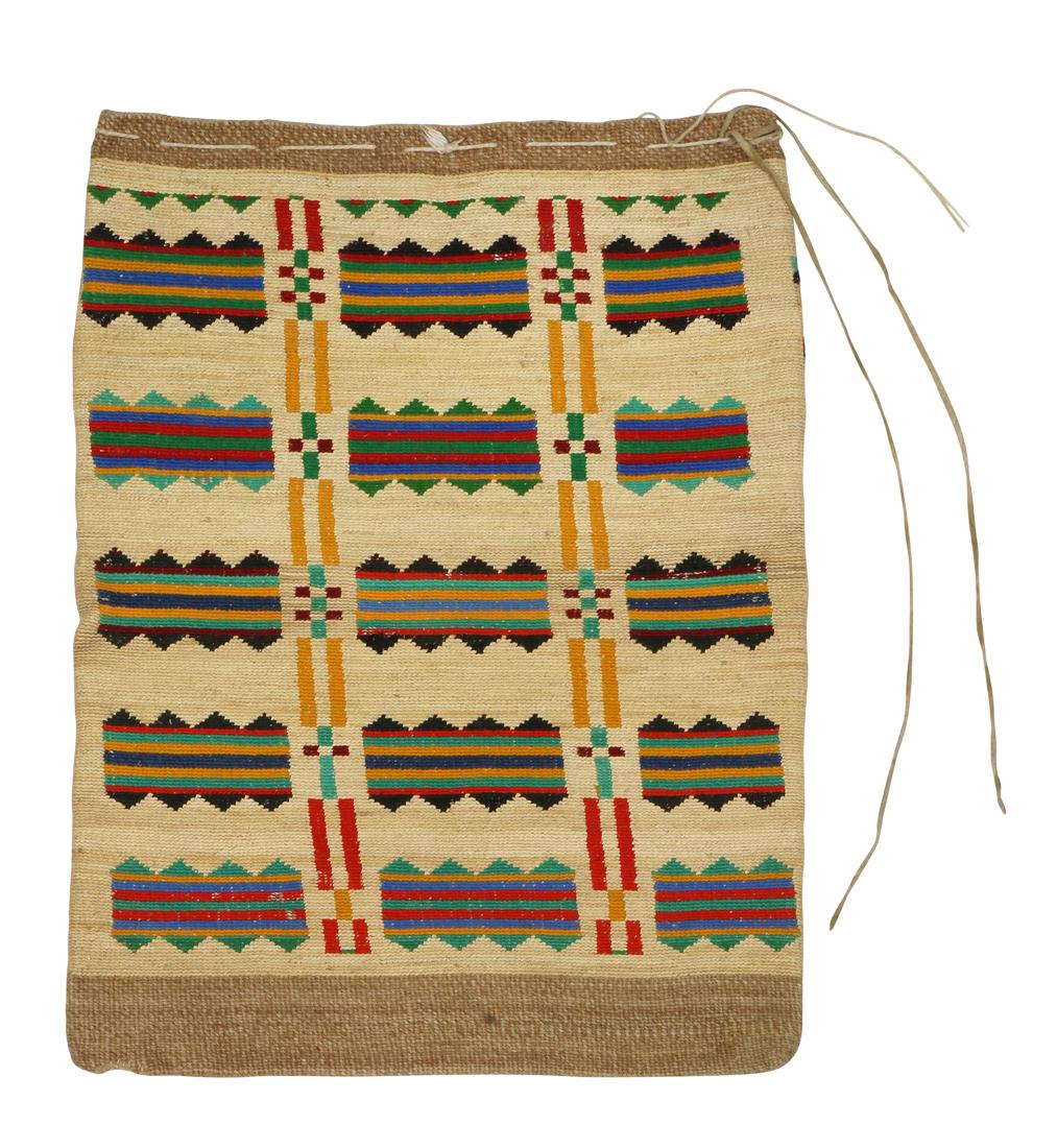 Nez Perce corn husk and dyed yarn flat bag, 20th: Nez Perce corn husk and dyed yarn flat bag, 20th Century, accented with polchrome geometric repeating bands in green, red, yellow, blue and black yarn, 23"h x 17"w