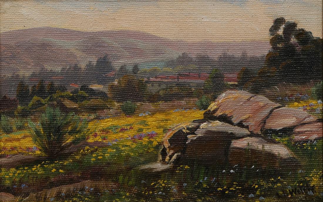 Painting, Ludmilla Welch: Ludmilla Pilat Welch (American, 1867-1925), View of Santa Barbara with Poppies, oil on canvas, signed lower right, inscribed "To Dr. Wight Compliments of Mrs. Thad Welch" verso, canvas (with no stretc