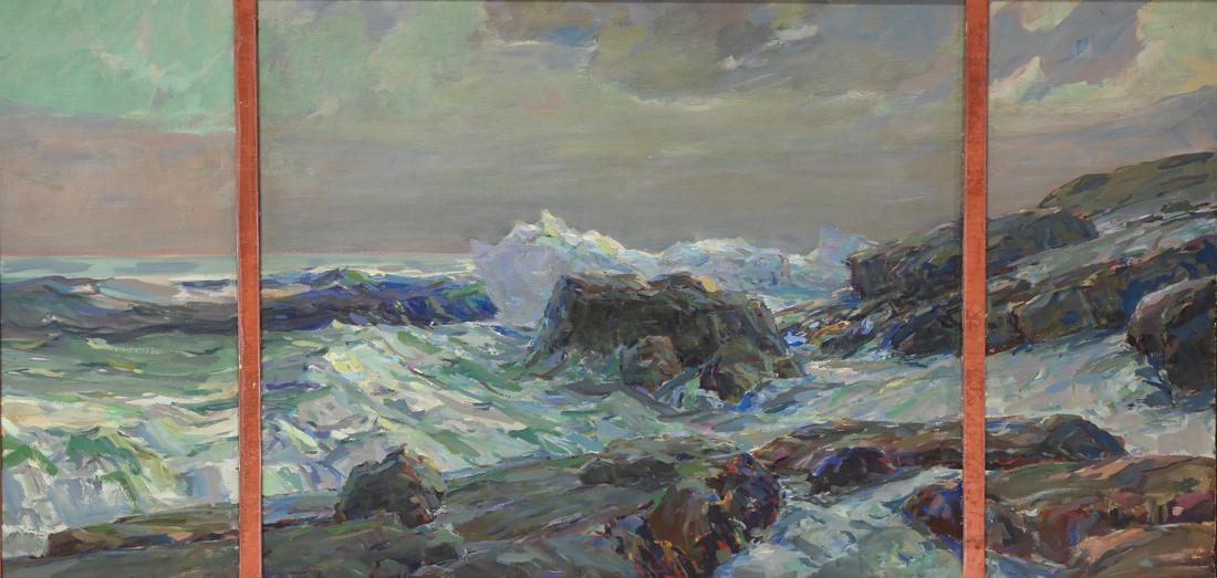 Painting, Karl Schmidt: Karl Schmidt (American, 1890-1962), "Monhegan," circa 1960, oil on boards (triptych), signed exhibition title label (Santa Cruz Art League, Thirteenth Annual Oil Painting Show, 1960) affixed verso, si