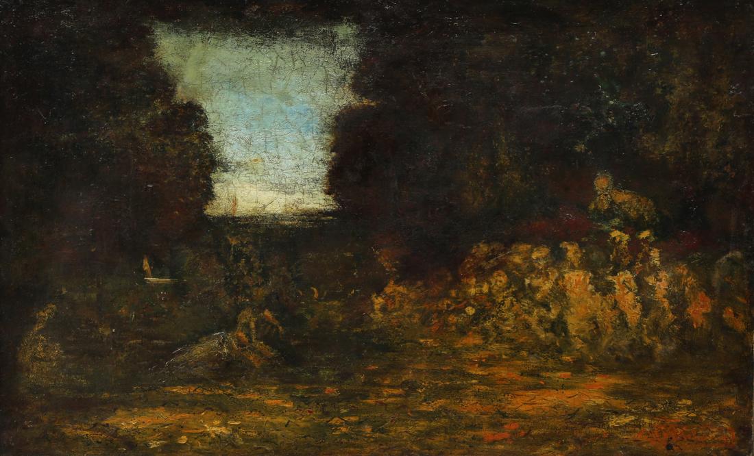 Painting, Attributed to Ralph Albert Blakelock: Attributed to Ralph Albert Blakelock (American, 1847-1919), Landscape, oil on canvas, bears signature lower right, canvas: 22.25"h x 35.75"w, overall (with frame): 28.25"h x 42.25"w