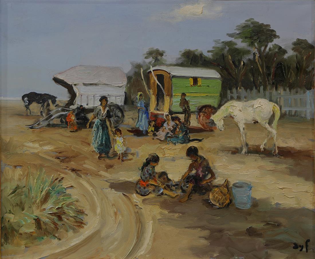 Painting, Marcel Dyf: Marcel Dyf (French, 1899-1985), Campement des Bohemiens, oil on canvas, signed lower right, canvas: 19"h x 21.75"w, overall (with frame): 23.5"h x 27"w