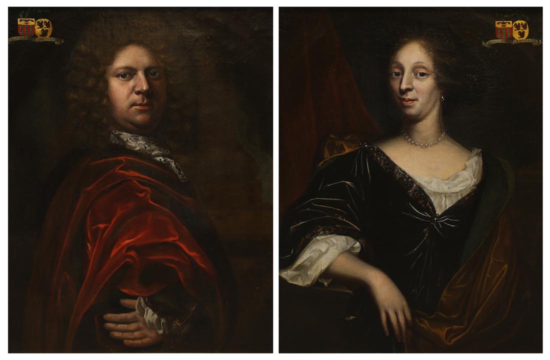 Paintings, School of Adriaen van der Werff: (lot of 2) School of Adriaen van der Werff (Dutch 1659-1722) "Portraits of Jacob van der Waeyen and his wife, Agnes Raecx," oils on canvas, unsigned, each titled verso, canvases: 32.5"h x 25"w, overal
