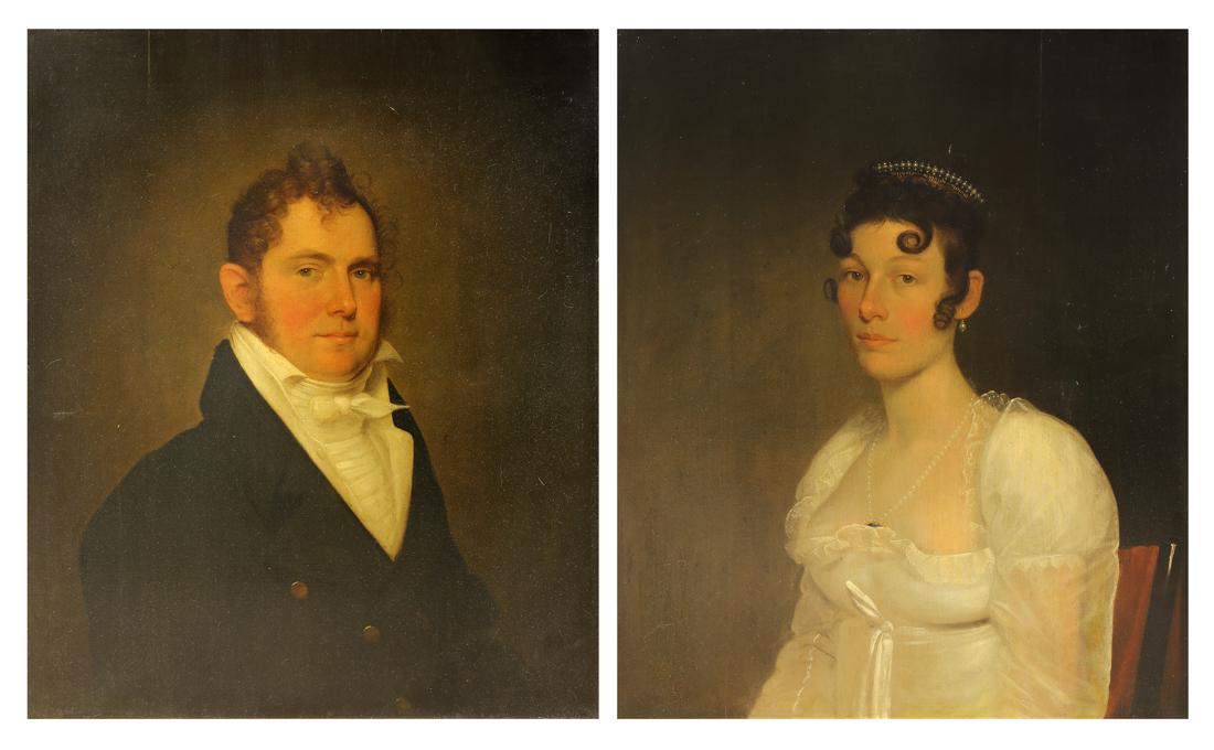 Portait paintings, British School (19th century): British School (19th century), Portraits of David Carleton Williams and his Wife, oils on panel, unsigned, sights: 29.5"h x 24.25"w, overalls (with frames): 32"h x 26.75"w