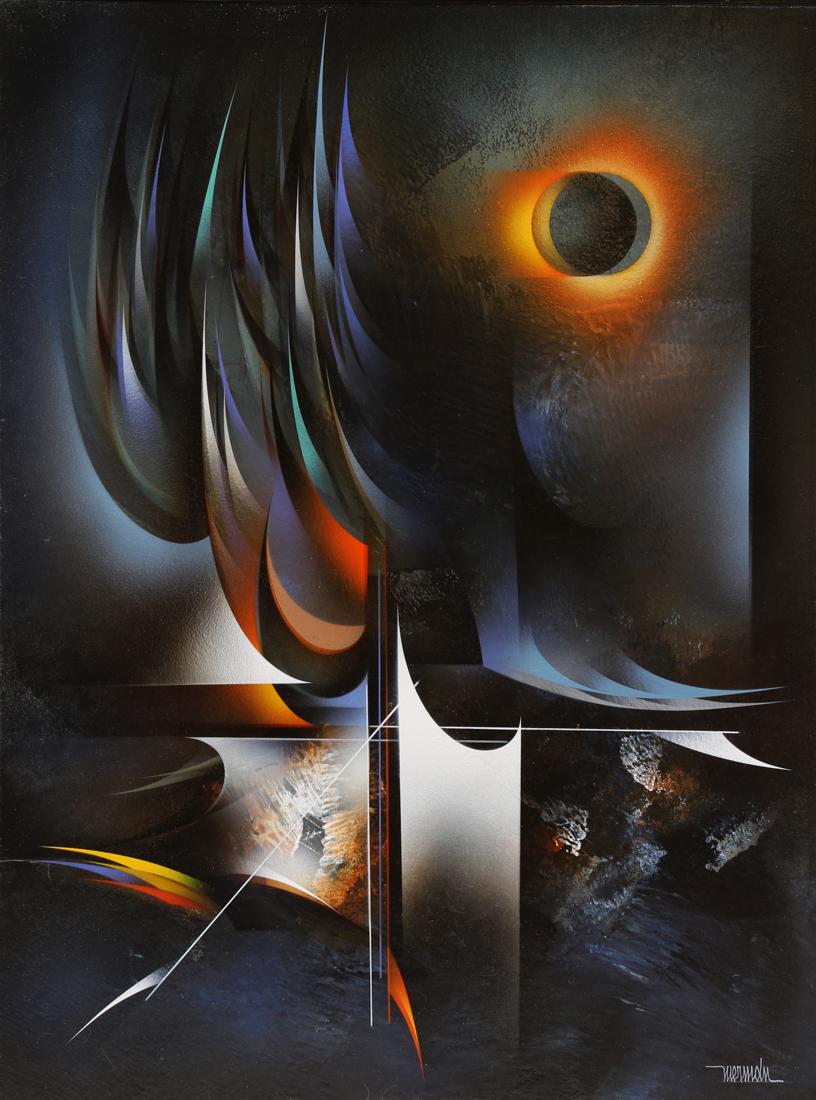 Painting, Leonardo Nierman: Leonardo Nierman (Mexican/American, b. 1932), "Eclipse," oil on masonite, signed lower right, titled verso, masonite: 31.5"h x 23.5"w, overall (with frame): 41.5"h x 33.5"w