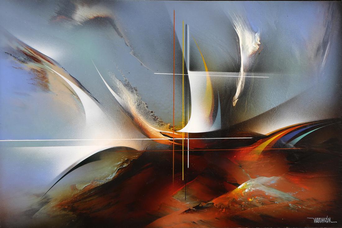 Painting, Leonardo Nierman: Leonardo Nierman (Mexican/American, b.1932) "The Voyage," oil on masonite, signed lower right, titled verso, masonite: 16"h x 23.5"w, overall (with frame): 32"h x 40"w