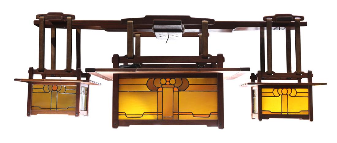 Large and impressive custom made Greene and Greene: Large and impressive custom made Greene and Greene style chandelier, the large ceiling mount suspending the three shades with leather straps, the shades each with geometric leaded glass panels, includ