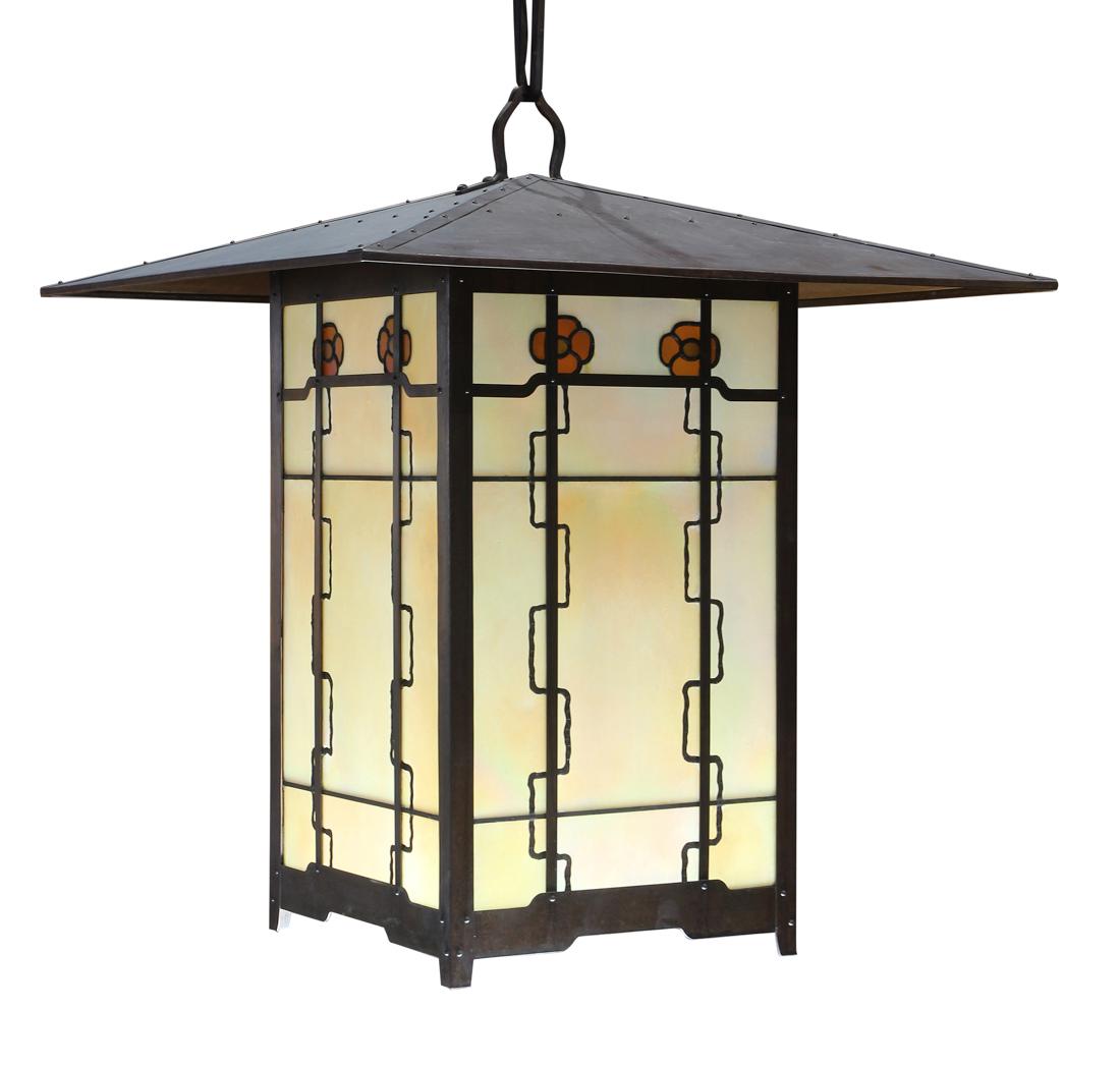 Large custom Greene and Greene pendant fixture: Large custom Greene and Greene pendant fixture, having a large tiered ceiling mount suspending the 32"h x 31"w copper clad leaded glass fixture with leaded glass panels depicting stylized floral reser