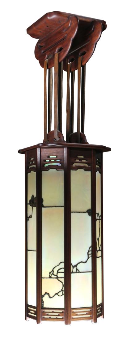 Large custom made Greene and Greene style pendant: Large custom made Greene and Greene style pendant fixture executed in the Japanese taste, having a tiered ceiling support suspending the single fixture with leather straps, the octagonal frame having 