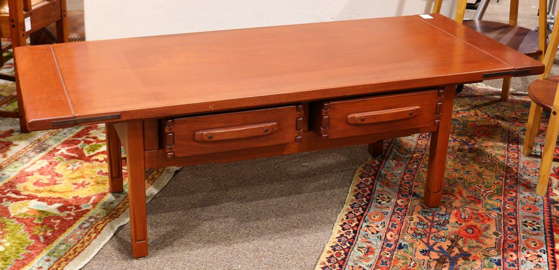 Custom designed Greene and Greene style low table: Custom designed Greene and Greene style low table, having a large over hanging top with ebony splines, with two drawers, and rising on square legs, 18"h x 54"w x 22"d