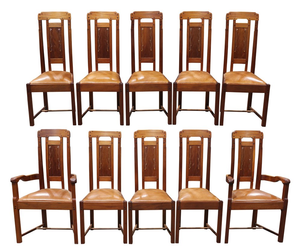 (lot of 10) Custom designed Greene and Greene style: (lot of 10) Custom designed Greene and Greene style dining chairs, each having ebony splines and dowels, the back splat with inlaid floral reserves executed in metal and mother of pearl, each having a