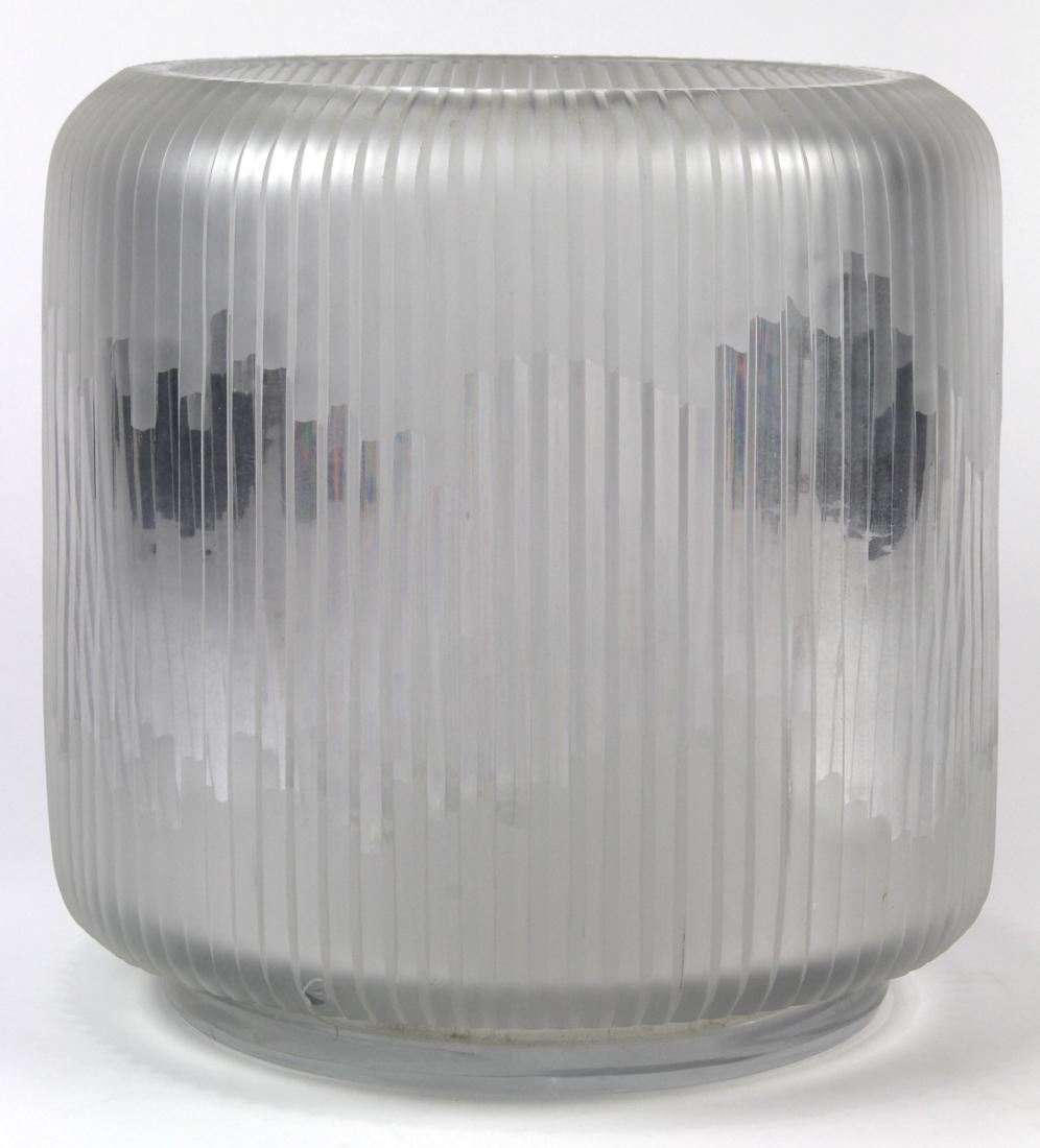 Art Deco Scandinavian style glass centerpiece: Art Deco Scandinavian style glass centerpiece, having a cylindrical form in frosted to clear glass with an all over pleated design, 12"h