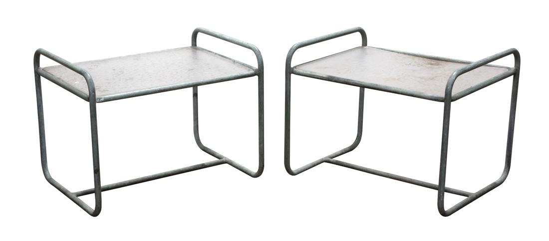 (lot of 2) Walter Lamb for Brown-Jordan occasional: (lot of 2) Walter Lamb for Brown-Jordan occasional tables, designed circa 1950, model no. BL3700, each having a rectangular top above a tubular frame, 18"h x 24"w x 18"d