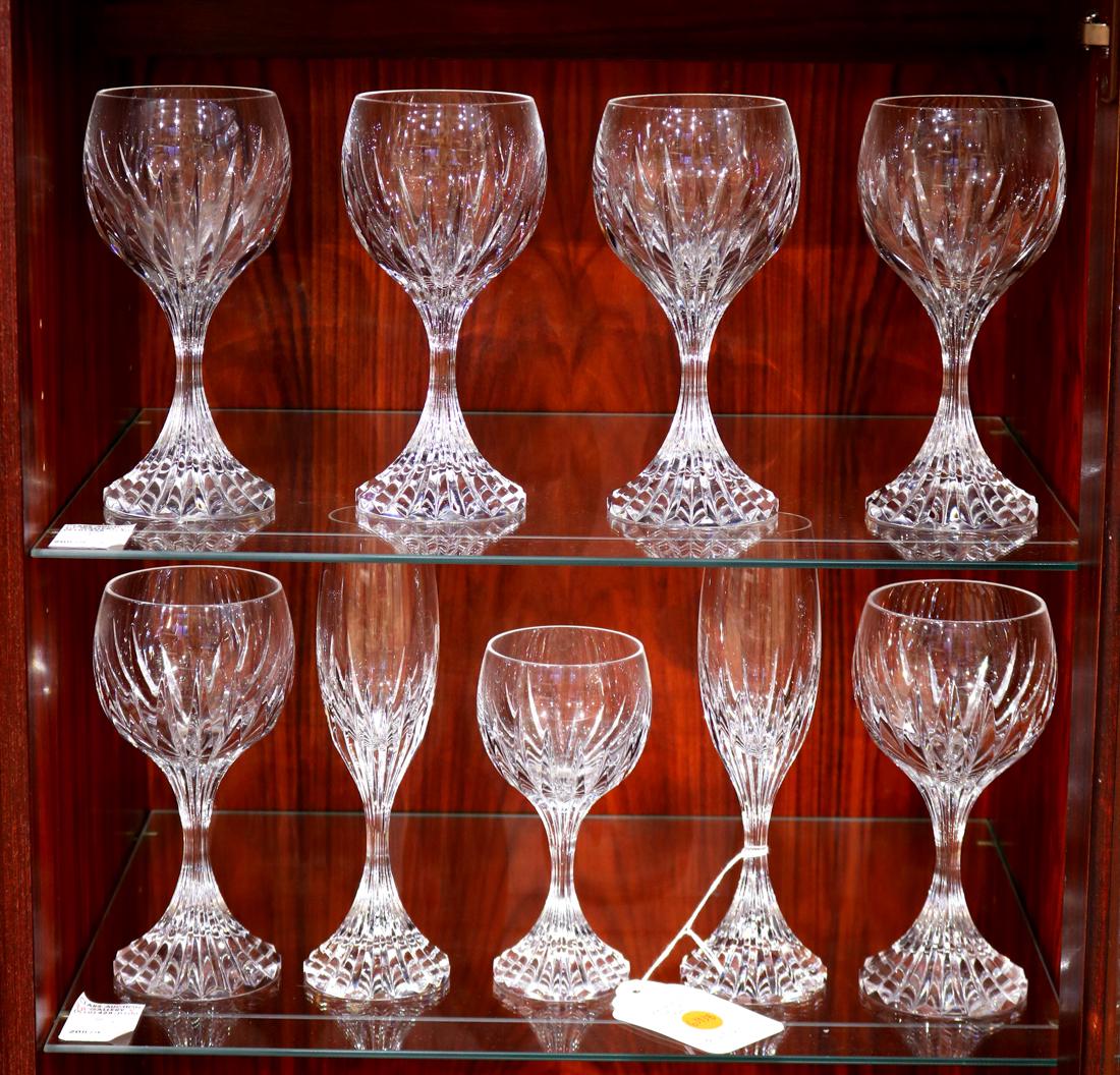 (lot of 9) Baccarat Messina stemware group: (lot of 9) Baccarat Messina stemware group, consisting of (6) red wines, (2) champagnes, and one white wine glass, all with Baccarat mark to underside, largest 7.5"h