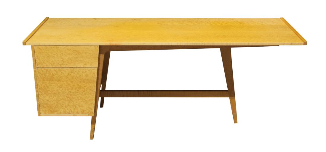 American studio Enzo Bellini birdseye maple desk: American studio Enzo Bellini birdseye maple desk, having a rectangular top, above the two drawer case, and rising on tapered legs, 29"h x 72"w x 26.5"h