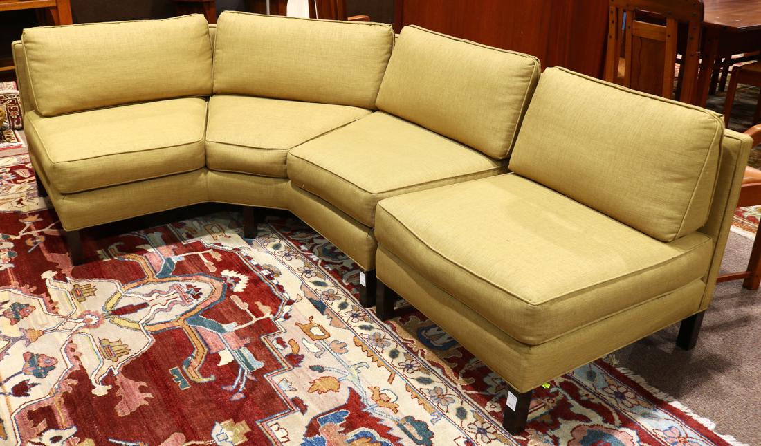 (lot of 2) Mid Century Dunbar sofa and chair: (lot of 2) Mid Century Dunbar sofa and chair, consisting of a corner sectional together with a single chair, upholstered in period fabric and rising on tapered legs, chair 28"h x 26"w x 32"d, sofa 28"