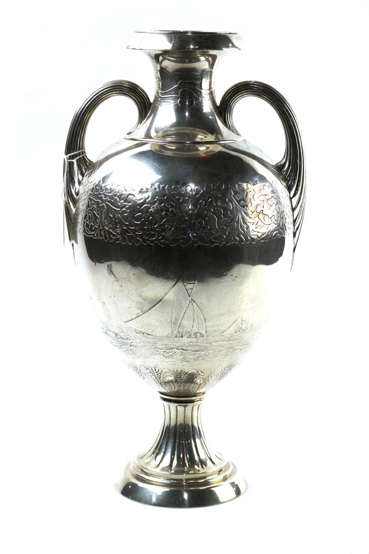 Tiffany & Co. sterling silver double handled trophy: Tiffany & Co. sterling silver double handled trophy vase, presented to the winner of the C. M. Englis Yacht Challenge at the Thousand Islands Yacht Club Cup, the vase of ovoid form with a foliate band