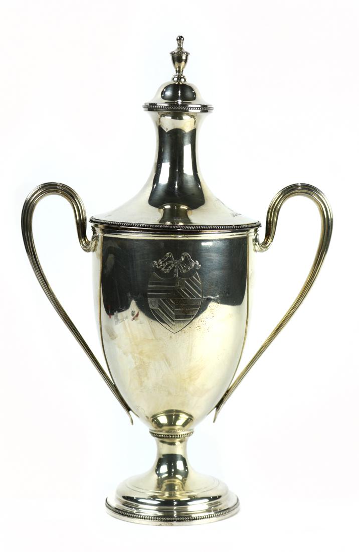 George III sterling silver lidded urn, London 1782,: George III sterling silver lidded urn, London 1782, bears marks for Hester Bateman, the double handled tapering ovoid urn having a gilt washed interior with an urn form finial and bead detail to lid,