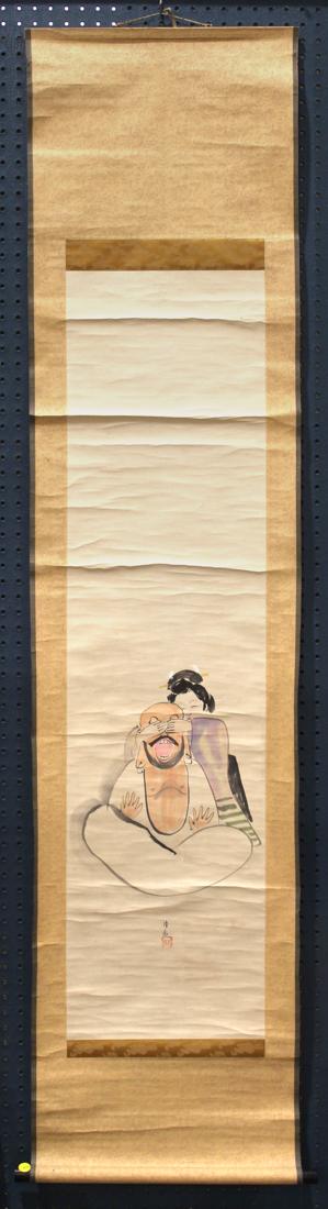 Japanese Scroll, Kiyochika "Mekakushi Dharma", Meiji: Kobayashi Kiyochika (Japanese, 1847-1915), Meiji period, "Mekakushi Daruma", ink and colors on paper, depicting an Otafuku blindfolding a Bodhidharma with her hands, lower center with the signature an