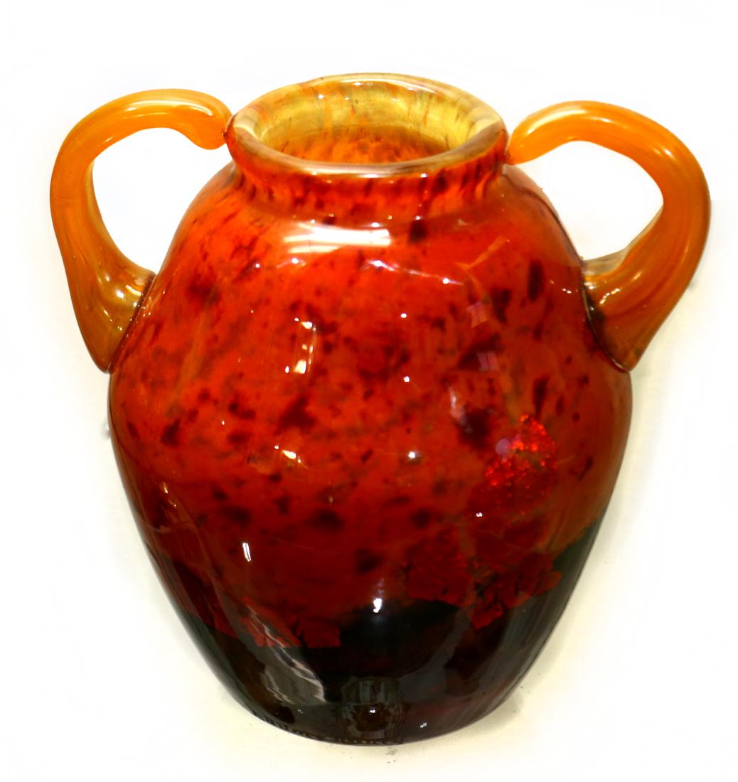 Art glass vase, the double handled ovoid vase having a (1 of 2)
