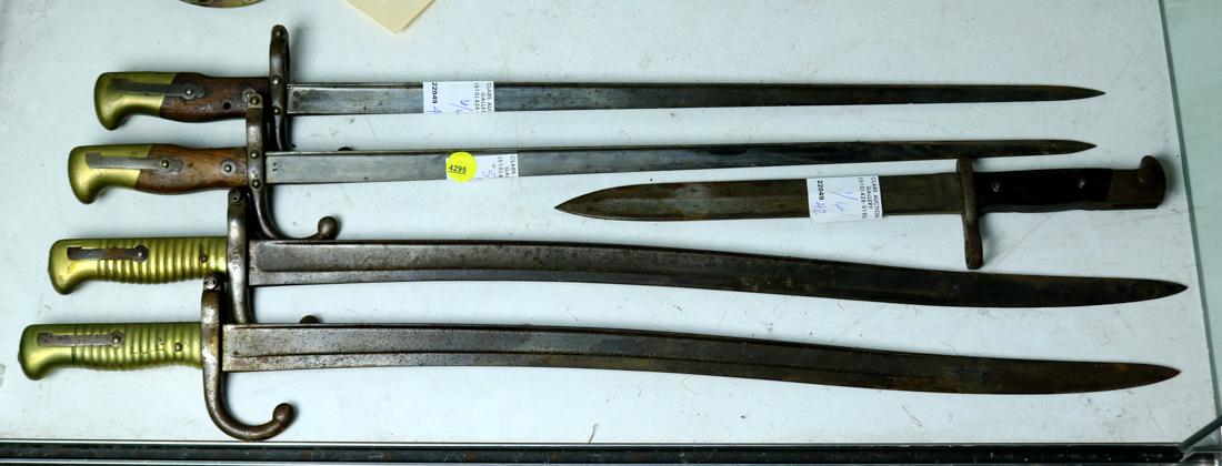 (lot of 5) Steel bayonet group, some with brass mounts, (1 of 3)