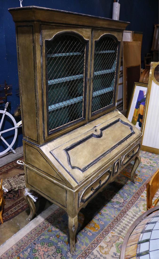 Gustavian secretary, having a straight cornice above: Gustavian secretary, having a straight cornice above the double grilled door bookcase resting on a slant front desk opening to a fitted interior over the two drawer case and rising on cabriole lges, 8