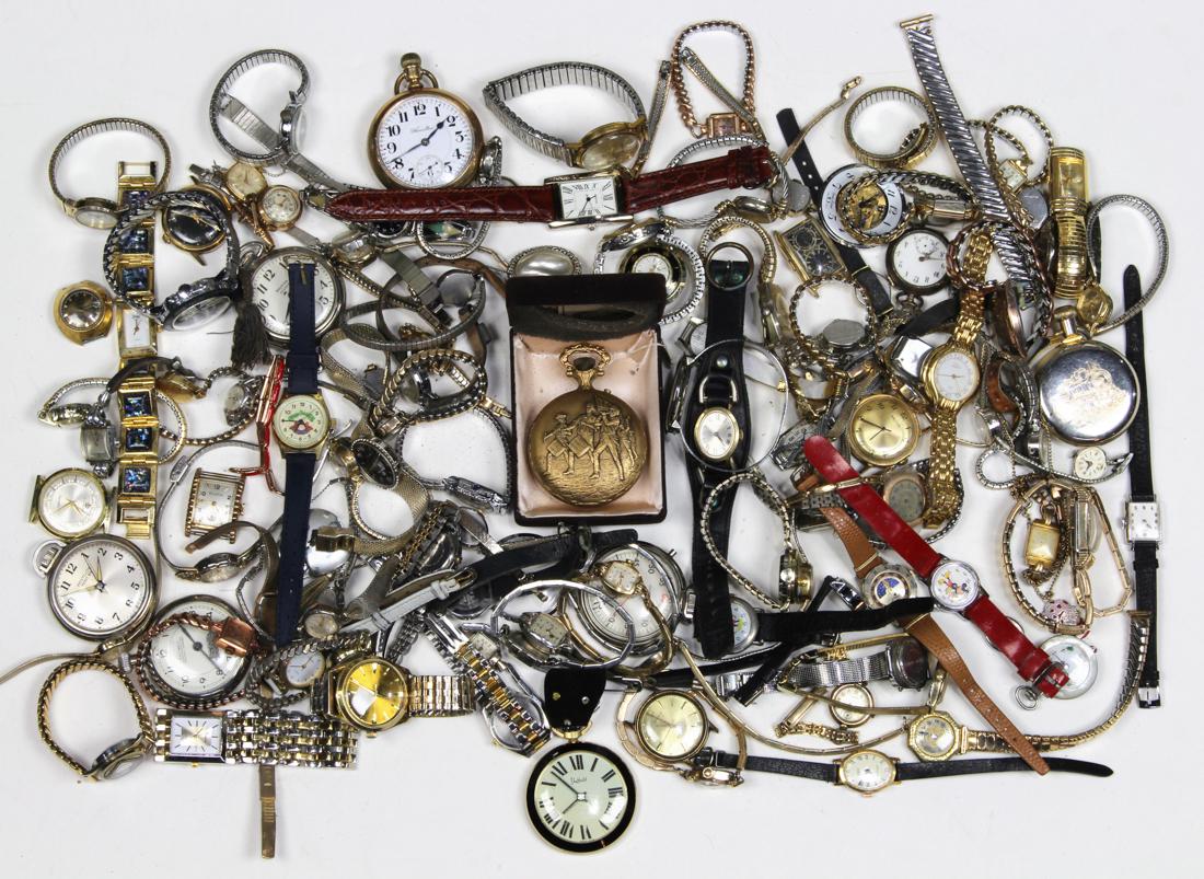 Collection of metal watches: Collection of metal watches Including numerous metal pocket and pendant watches; numerous lady's metal wristwatches; together with numerous metal watch, brand names such as: Westclox, Kelton, Citizen,