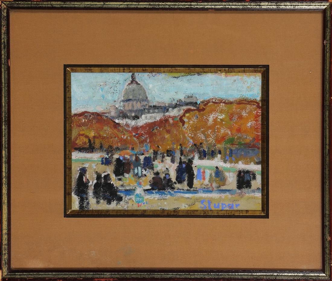 Conte crayon, Marko Stupar: Marko Stupar (French/Yugoslavian, b 1936), Park Scene with Figures, conte crayon on board, signed lower right, overall (with frame): 11"h x 13"w