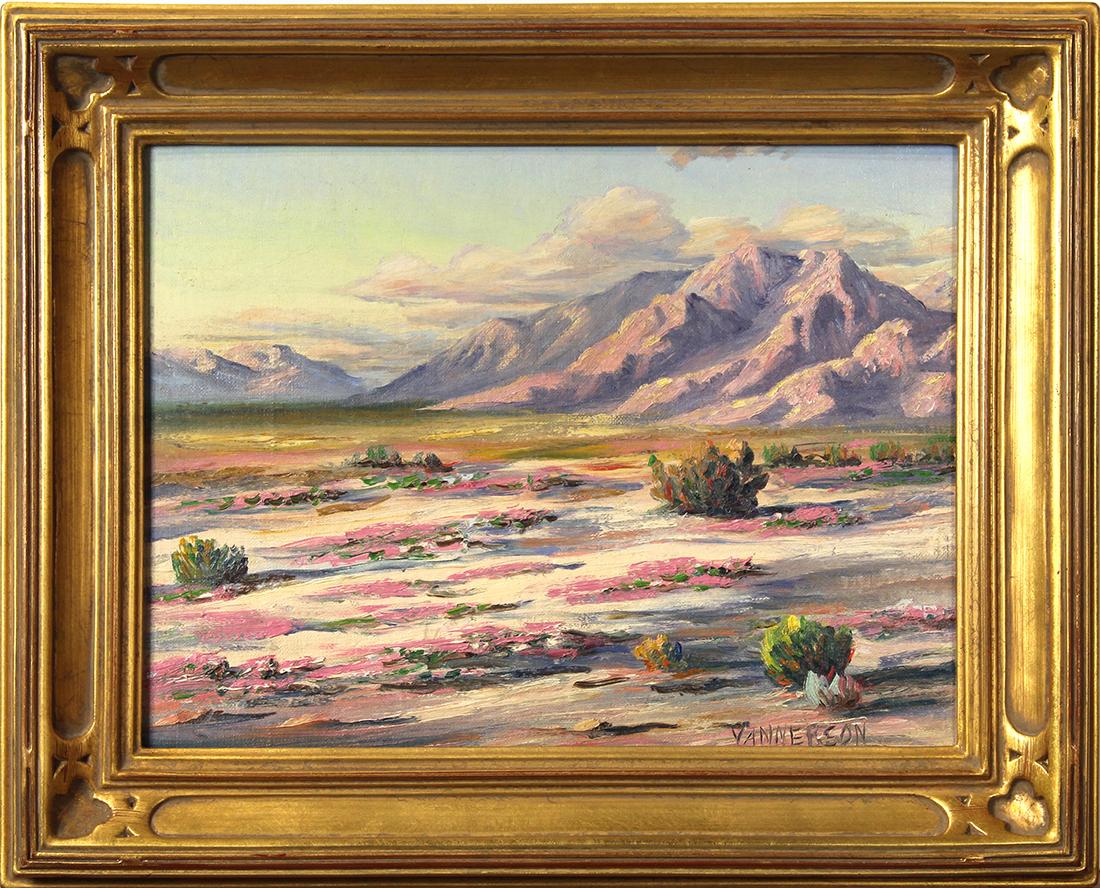 Painting, Lucien C. Vannerson: Lucien C. Vannerson, "Desert Sand Verbenas," oil on canvas board, signed lower right, titled verso, overall (with frame): 12.75"h x 15.75"w. Provenance: Estate of Edan Milton Hughes (San Francisco, CA