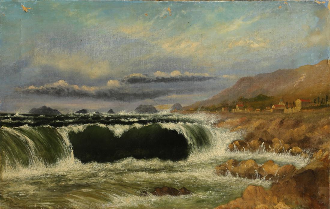 Painting, Attributed to Norton Bush: Attributed to Norton Bush (American, 1834-1894), Waves along the Coast Line, oil on canvas, bears artist's name verso, canvas (unframed): 17"h x 27"w