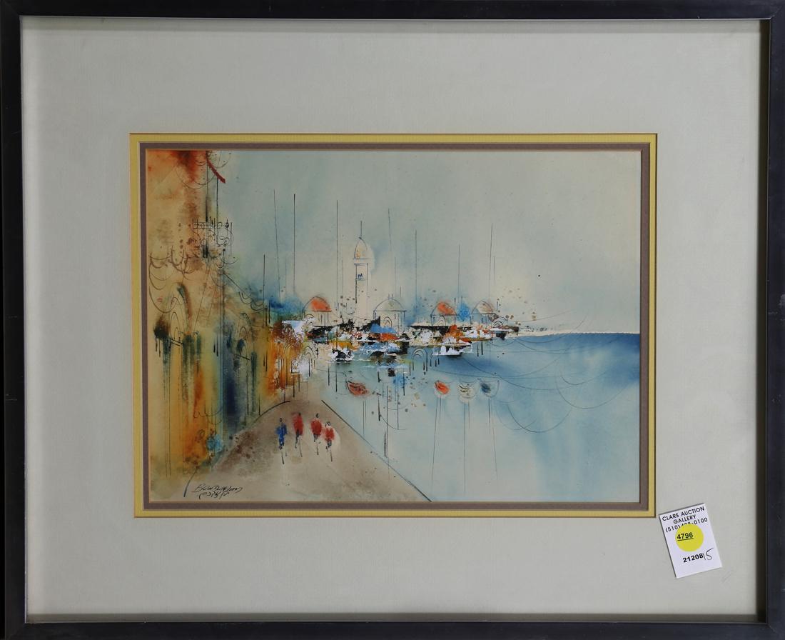 Figure Walking by a Coastal City, watercolor: Figures Walking Along the Dock, watercolor, signed "Ben Marxhausen" lower left, 20th century, overall (with frame): 17.25"h x 21"w