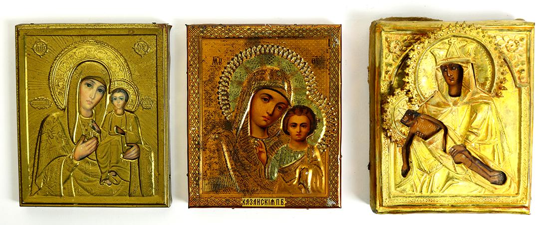 (lot of 3) Russian brass oklad icon group, consisting (1 of 2)