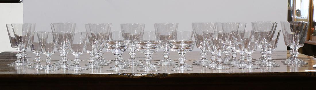 (lot of 34) Baccarat stemware group: (lot of 34) Baccarat stemware group, in the Embassy pattern, consisting of (3) champagne bowls, (13) port wine glasses, and (18) water goblets, largest: 6"h
