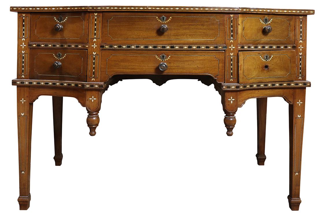 Federal style Phillipine mahogany sideboard: Federal style Phillipine mahogany sideboard, having an inlaid top above the six drawer case with bone inlay, and rising on square tapered legs, 37"h x 51"w x 25"d