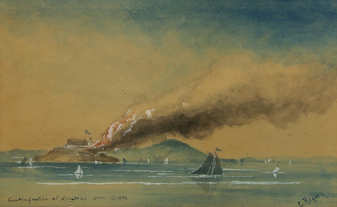 Watercolor, Conflagration of Alcatraz, April 19, 1874: California Folk Art School (19th century), "Conflagration of Alcatraz, April 19, 1874," watercolor and gouache, signed "C. Rogers" lower right, titled and dated lower left, sight: 6.5"h x 10.5"w, over