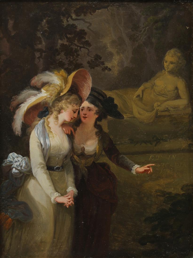 Painting, Studio of Francis Wheatley: Studio of Francis Wheatley (British, 1767-1801), "Et In Arcadia Ego," oil on copper, unsigned, inscribed with title (center right), plate: 16"h x 12"w, overall (with frame): 23.5"h x 19.25"w. Provenac