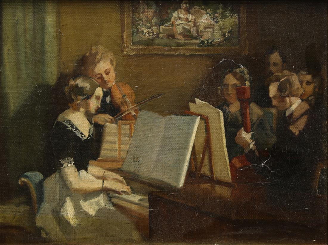 Painting, Felix Emile Garbet: Attributed to Felix Emile Garbet (French, c.1800-1846), "Le Concert," oil on canvas (laid down on panel), unsigned, titled verso, panel: 7.75"h x 11.5"w, overall (with frame): 11.25"h x 15.25"w
