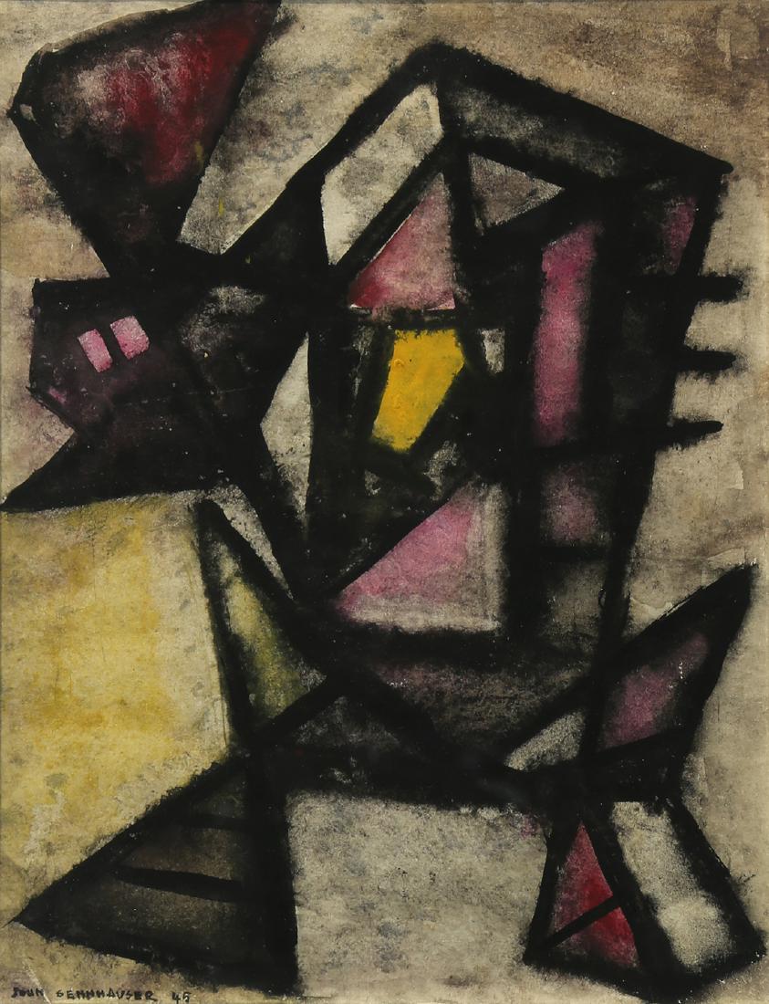Watercolor, Sennhauser: John Sennhauser (Swiss/American, 1907-1978) Abstract Red and Black, 1945, watercolor, signed and dated lower left, sight: 11.25"h x 8.75"w, overall (with frame): 20"h x 17.5"w