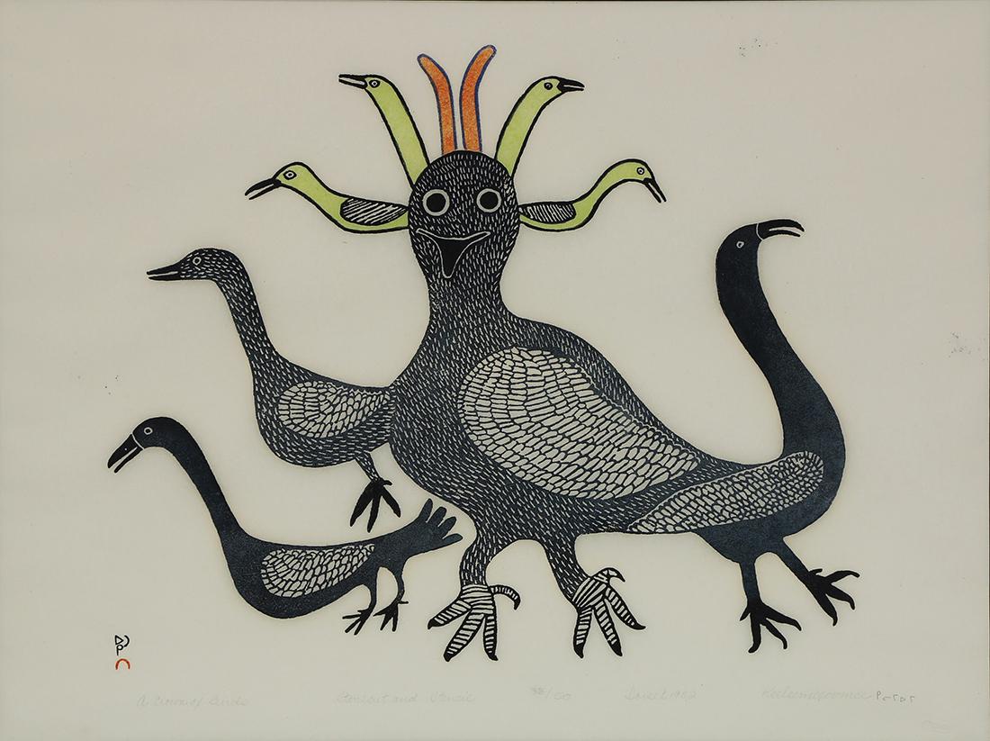 Print, Keeleemeeoome Samvalie: Keeleemeeoome Samvalie (Inuit, 1919-1983), "A Crown of Birds," 1982, stonecut and stencil print, pencil signed and dated lower right, titled lower left, edition 33/50, sight: 20"h x 26.25"w, overall (