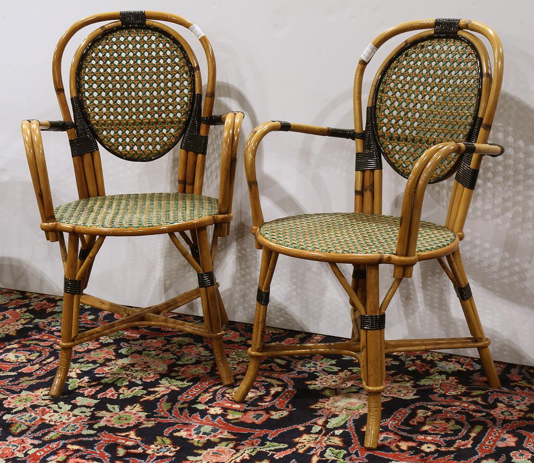 (Lot of 2) French bistro rattan armchairs, each having (1 of 3)