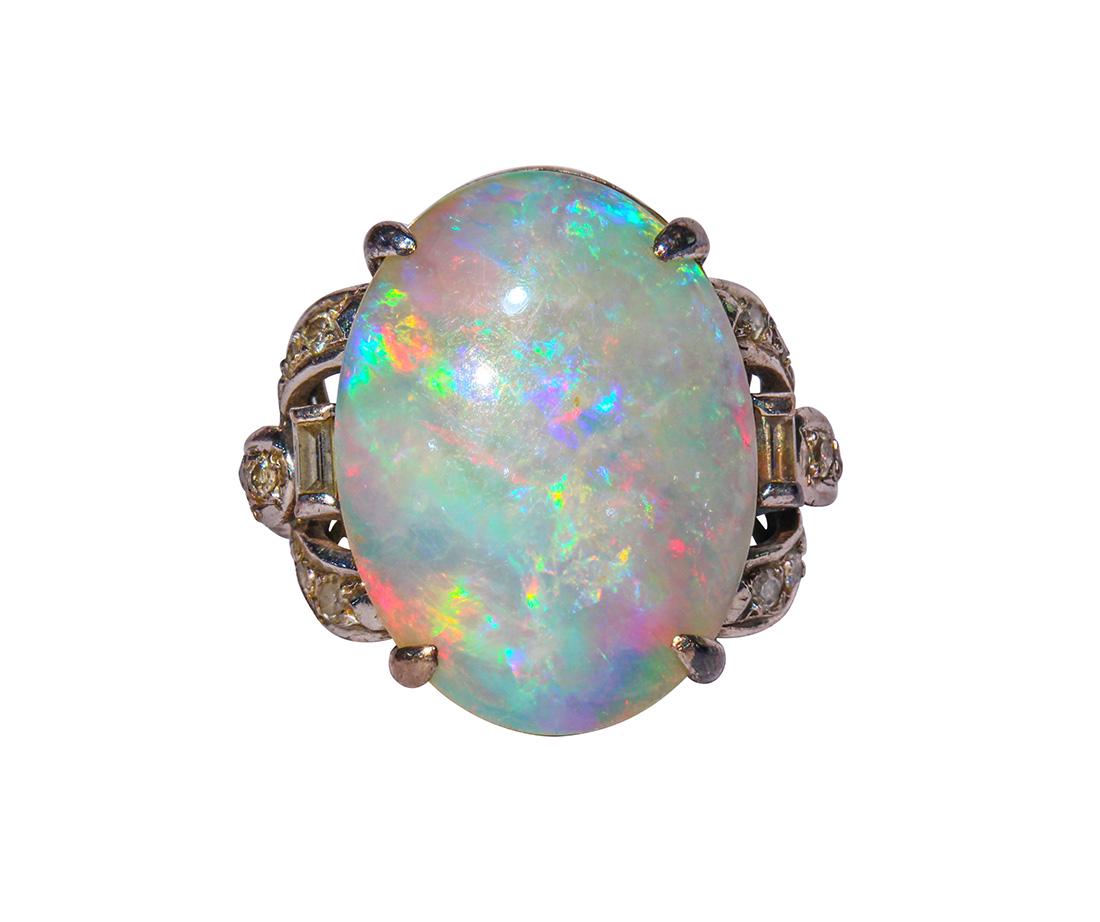Opal, diamond and 10k white gold ring (1 of 4)