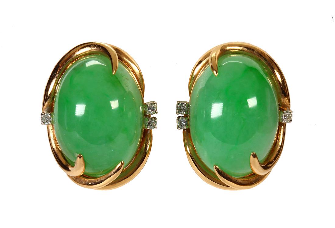 Pair of jadeite, diamond and 14k yellow gold earrings (1 of 4)