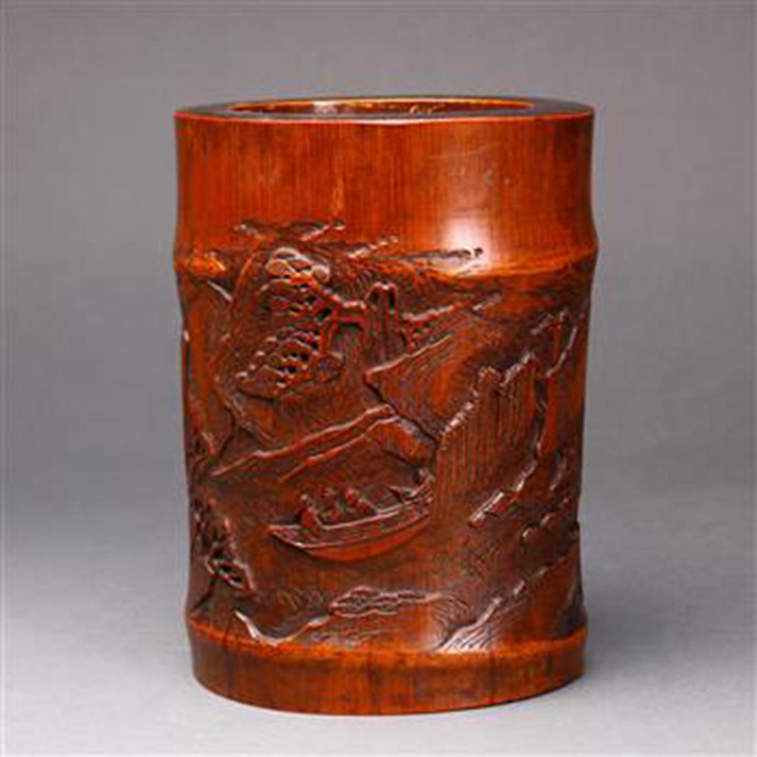 Chinese Bamboo Brush Pot, Boat (1 of 4)