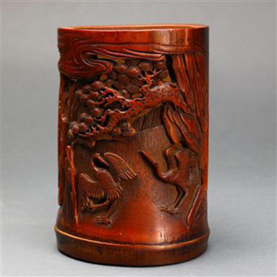 Chinese Bamboo Brush Pot, Cranes (1 of 4)