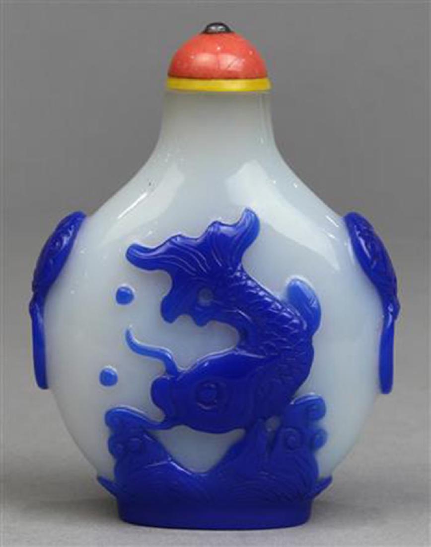 Chinese Blue Overlay White Glass Snuff Bottle, Fish (1 of 6)